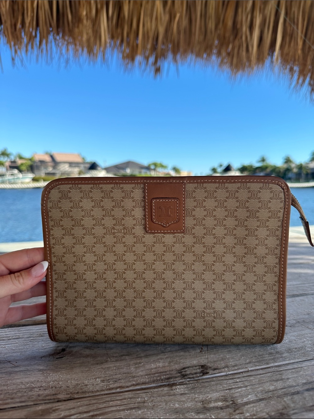 Celine Tan & Brown Canvas Logo Toiletry Pouch